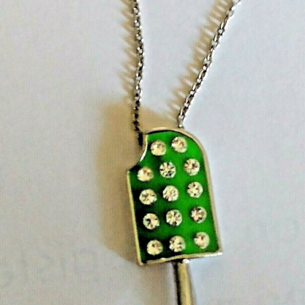 Signed Lia Sophia Ice Cream  Pendat Charm Necklace 16" Silver Tone & Rhinestone